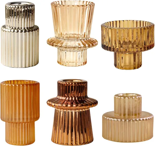 Vista 12 de Portavelas Marrones 6 Piezas para Velas de Té, Juego de Portavelas Cónicos de Vidrio Acanalado, Centros de Mesa para Acción de Gracias, Navidad