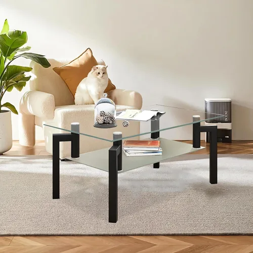 Vista 8 de Mesa de centro rectangular de vidrio templado, mesa de té de 2 niveles, mesa auxiliar moderna con estante inferior y patas de madera, mesa de centro