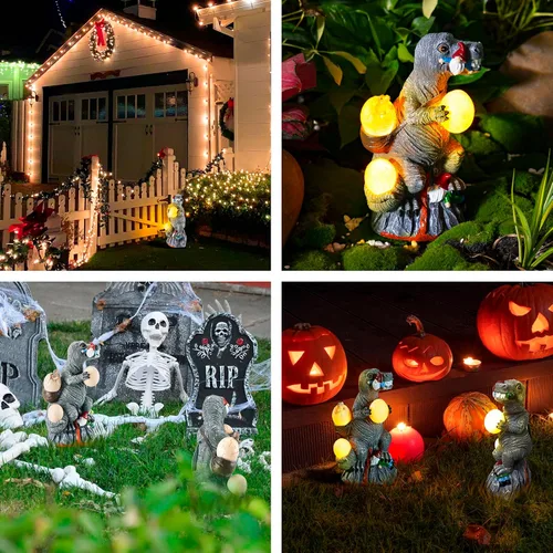 Vista 6 de Estatuas de jardín con luces solares para exteriores, estatua de dinosaurio al aire libre con 3 luces LED, luces de jardín impermeables