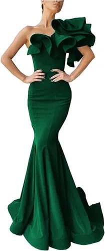 Vestidos de noche de sirena con volantes de un hombro para mujer