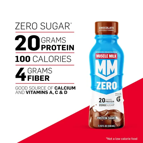 Vista 3 de Muscle Milk Zero Protein Shake, chocolate, botella de 11.16 onzas líquidas, paquete de 12, 0.03 onzas de proteína, cero azúcar, 100 calorías