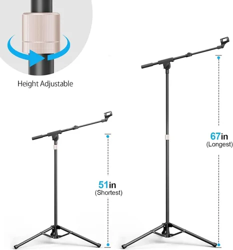 Vista 3 de Soporte para micrófono, paquete de 2 trípodes, brazo de brazo, soporte de micrófono de piso, resistente, altura ajustable, con bolsa de transporte