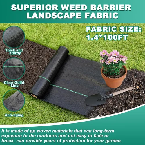 Vista 2 de Barrera de tela resistente de 1.4 x 100 pies, tela de barrera de malezas de jardín de permi, tela resistente y permeable para control de malezas