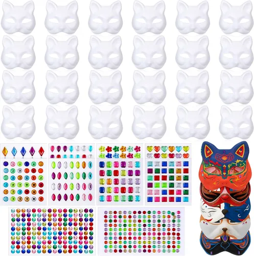 Vista 11 de Leyndo Máscara de papel maché, máscaras blancas para mascarada y calcomanías de gemas para manualidades, Mardi Gras, Halloween, fiesta de cosplay