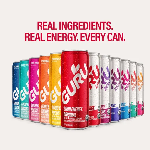 Vista 8 de GURU Fruit Punch - Bebidas energéticas orgánicas, bebida energética limpia con cafeína natural a base de plantas de té verde + enfoque con L