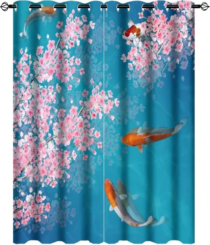 Vista 24 de Cortinas retro de pez japonés para dormitorio, estilo rústico, asiático, japonés, flor de cerezo, aislamiento térmico, oscurecimiento