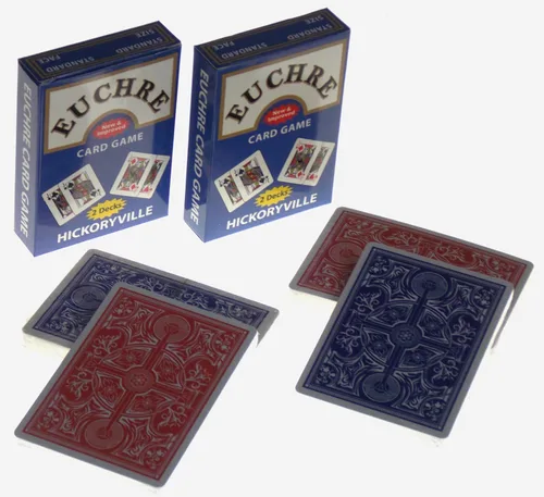 Hickoryville Euchre - Juego de cartas – 4 barajas prepeladas (9 as) con cartas de contador en blanco – 2 barajas rojas y 2 azules – Cartas clásicas