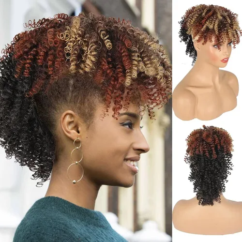 Vista 21 de Aisaide Cola de caballo afro Mohawk alta con flequillo sin cordón, extensión de cola de caballo corta rizada sin cordón, clip sintético en moño