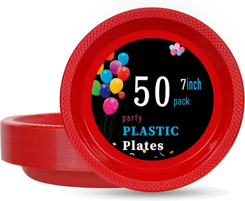 WELLIFE Platos de plástico rojos de 7 pulgadas, 50 platos desechables para fiesta, día de la madre, plato pequeño de postre para cena, pasteles,