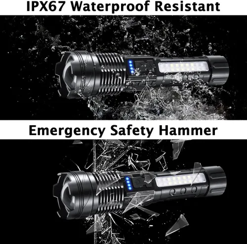 Vista 6 de Paquete de 3 linternas recargables, linternas tácticas de 7 modos de alto lúmenes, linterna súper brillante potente, linterna LED recargable, luz