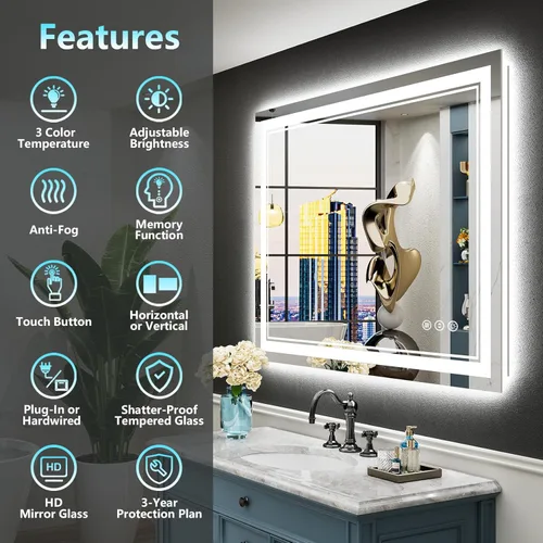 Vista 11 de Espejo de baño LED de 20 x 28 pulgadas con luces, retroiluminado y frontal iluminado antivaho para pared de baño, regulable, luz de 3