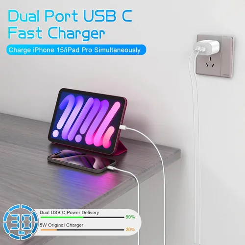 Vista 2 de Cargador USB C de doble puerto para iPhone 17, 16, 15, cargador rápido doble tipo C, bloque de carga rápida, paquete de 2 adaptadores de corriente