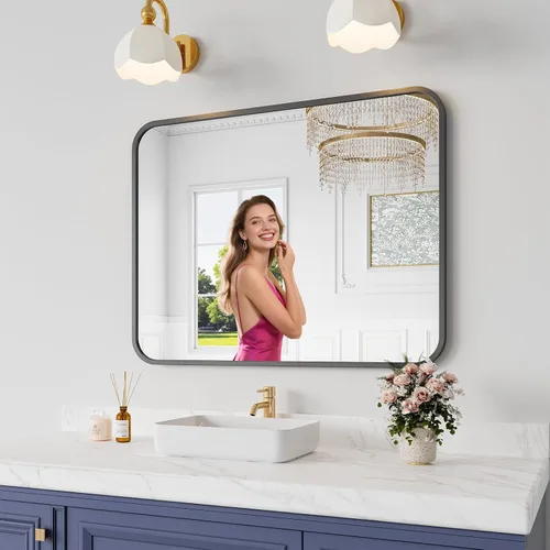 Vista 13 de Koonmi Espejo de baño, 30 x 36 pulgadas, espejo con marco de metal negro para baño, vidrio templado, antioxidante, espejo rectangular redondeado