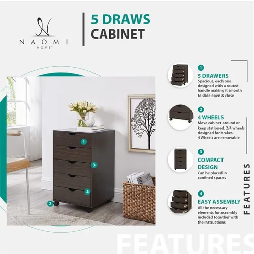 Vista 156 de Naomi Home Cómoda de 5 cajones para dormitorio, alta y elegante, con ruedas y estantes de almacenamiento, pequeña para guardarropa, para maquillaje