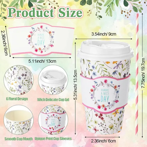 Vista 3 de Jingmore 48 juegos de tazas de café de papel desechables de 16 onzas con tapas, fundas para pajitas, vasos de papel para bebidas frías calientes