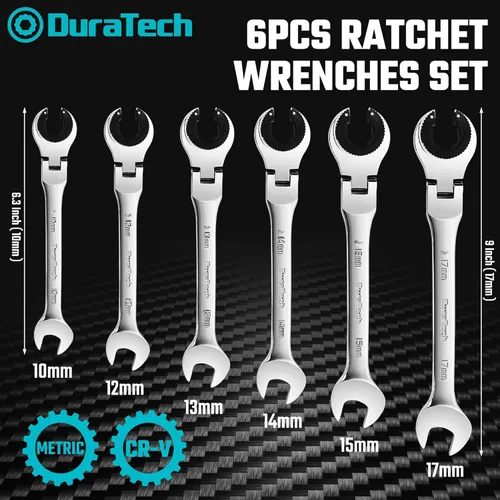 Vista 8 de DURATECH Juego de 5 llaves de trinquete magnéticas giratorias y 6 piezas con cabezal flexible abierto