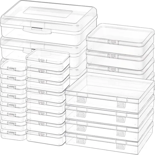 Vista 9 de Paquete de 7 mini recipientes de plástico rectangulares de varios tamaños, cajas de almacenamiento de plástico transparente con tapas con bisagras