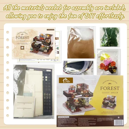 Vista 3 de Flever Kit de casa de muñeca en miniatura DIY, habitación creativa con muebles para regalo artístico romántico (Forest Teashop)
