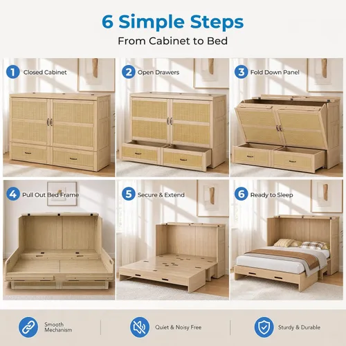 Vista 8 de Mjkone Murphy - Cama de gabinete con colchón plegable de tres piezas, madera natural tamaño Queen