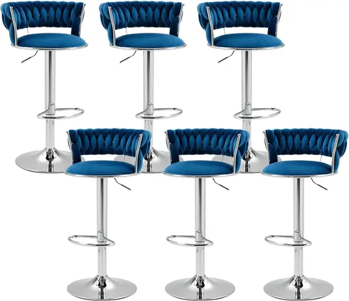 Vista 10 de Juego de 2 taburetes de bar giratorios de terciopelo, modernos taburetes de bar ajustables con respaldo tejido, taburete de bar de altura