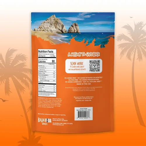 Vista 2 de Baja Vida Sweet Orange Beef Jerky – Paquetes de bocadillos de carne seca saludable, sin gluten, carne de res totalmente natural, sin MSG, fabricado