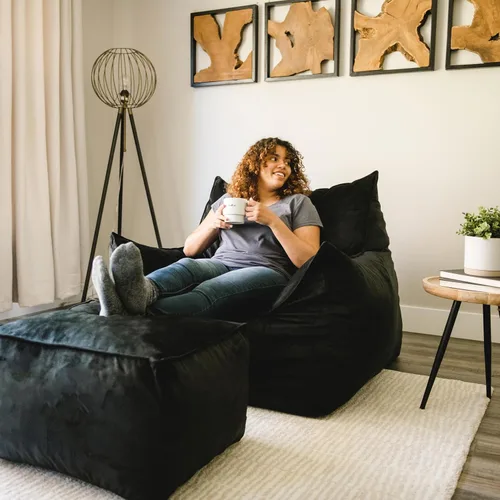 Vista 4 de Big Joe Silla de puf de espuma, tumbona imperial, felpa negra