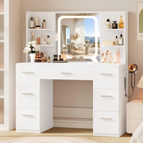 Vista 2 de LIVELYGLOW Escritorio de maquillaje grande blanco con espejo LED inteligente y estación de energía, tocador profesional de 43 pulgadas con 7