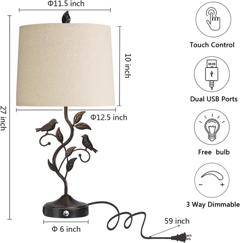 Vista 6 de RORIANO Lámparas de Mesa Táctiles Estilo Granja de 27" para Sala de Estar con Regulación de 3 Niveles, 2 Puertos USB, Lámpara de Mesita de Noche