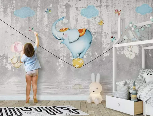 Murwall Kids Wallpaper Slackline Elephant Wall Mural Cartoon Animals Wall Art Childroom Wall Decor Girls Boys Bedroom Baby Room