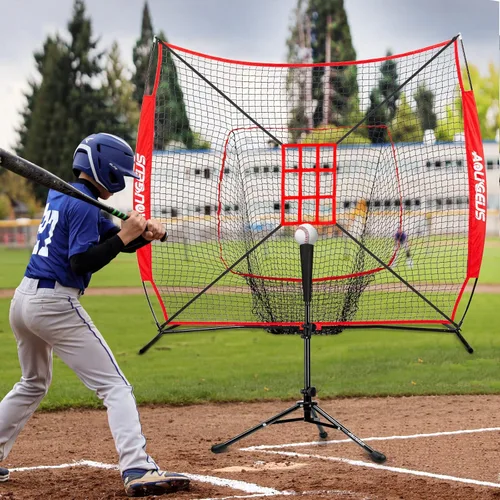 Vista 4 de 7'X7' Baseball Softball Practice Net,Pitching Net,Batting Net,with Baseball Tee,Bonus Strike Zone and Bow Frame,for Hitting,Pitching, Catching