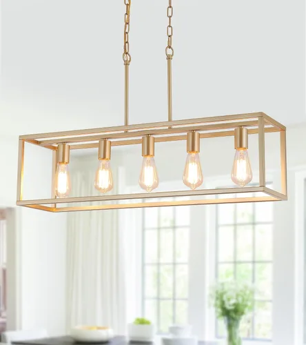 Vista 12 de AMZASA Luces Rectangulares Negras para Isla de Cocina Candelabro Industrial Rectangular Moderno para Comedor 5 Luces Lineales Vintage con Jaula