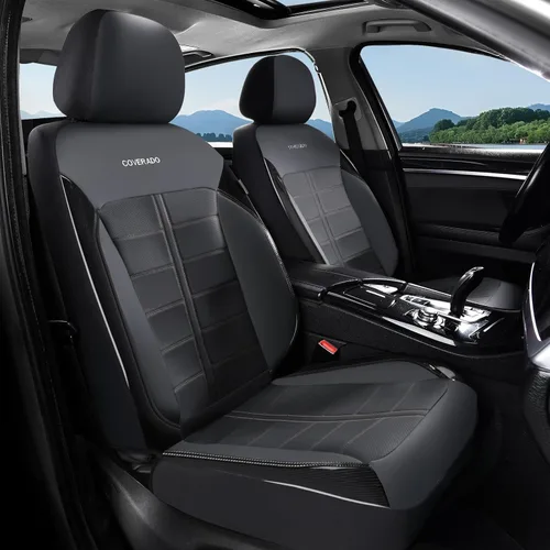 Vista 17 de Coverado Front Seat Leather Covers, Full Leather Construction with Carbon Fibre Weave, Universal Fit for Most Cars SUV Trucks (Beige)