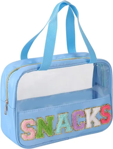 Vista 11 de Bolsa transparente de felpilla con parches de letras, bolsa de maquillaje transparente de PVC y nailon multiusos con asas, bolsa grande