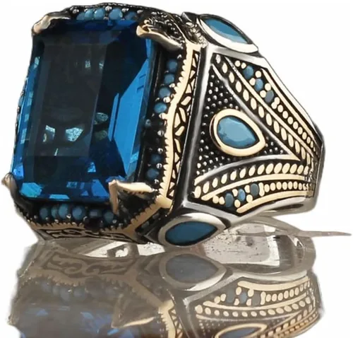 925 Sterling Silver Aquamarine Stone with Turquoise Stones Men Silver Ring, Handmade Blue Aquamarine Stone Men's Silver Ring, Vintage Men Ring,