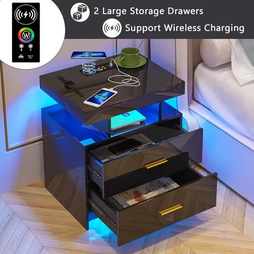 Vista 12 de HNEBC Mesita de noche LED con estación de carga (puertos USB, puertos tipo C), mesa de noche de alto brillo con 2 cajones, mesita de noche