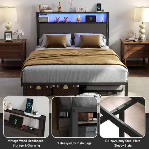 Vista 5 de RVONOW Marco de cama tamaño completo con cabecero, marco de cama de plataforma de metal con luces LED y estación de carga, almacenamiento debajo