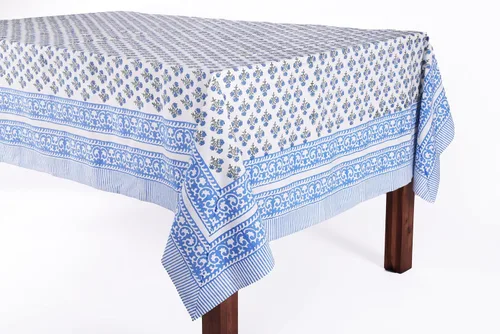 Vista 402 de ATOSII - Mantel rectangular de verano azul Azora 100% algodón, estampado floral a mano, para comedor, fiestas, bodas, exteriores, decoración Azora
