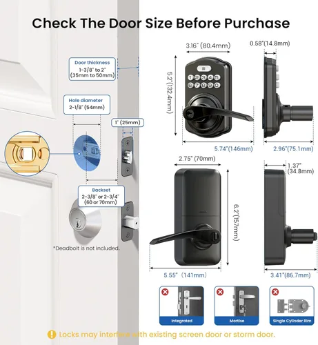 Vista 8 de Veise Cerradura de puerta con teclado con asa, entrada sin llave para puerta delantera y dormitorio, cerradura electrónica con código, bloqueo Negro