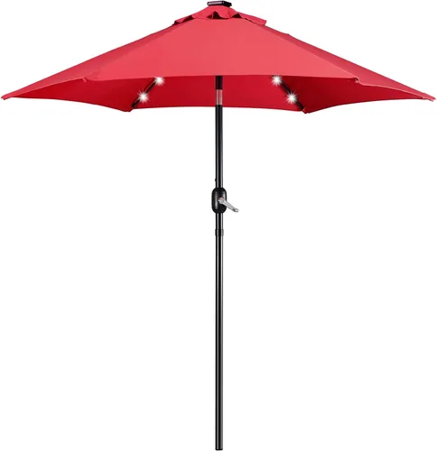 Vista 34 de Yaheetech Sombrilla solar de 9 pies para patio, sombrilla de mercado para mesa al aire libre con 8 varillas y 32 luces LED, inclinación, manivela