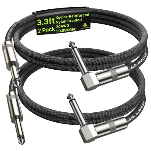 Cable de guitarra en ángulo recto de 3.3 pies, paquete de 2, nailon trenzado anti-torceduras reforzado con Kevlar, 20 AWG 99.99% OFC cable de