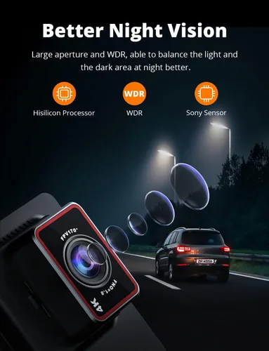 Vista 4 de Kingslim D4 Dual Dash Cam con GPS WiFi integrado, frontal 4K/trasera 2.5K 1080P para coches, pantalla táctil IPS de 3 pulgadas, cámara de tablero