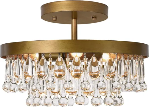 SEOL - Lámparas de techo antiguas de oro con cristal, redondas, grandes, colgantes, lámpara de techo para comedor, recámara, sala de estar, 3 luces,