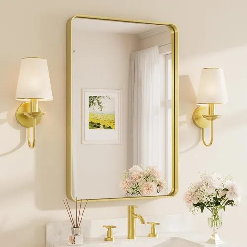 Vista 95 de TETOTE Espejo de marco dorado cepillado de 16 x 24 pulgadas, espejo de tocador de baño de latón dorado para pared, espejo enmarcado rectangular