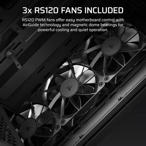 Vista 5 de CORSAIR 3200D RS Mid-Tower PC Case – 3X RS120 PWM Fans Included, GPU Anti-sag Stabilization Arm, ASUS BTF, MSI Project Zero, Gigabyte Project Black
