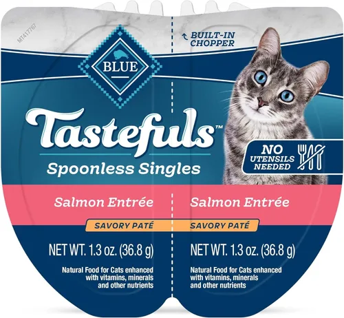 Vista 2 de Blue Buffalo Tastefuls Spoonless Singles Paté de Comida Húmeda Natural para Gatos, Bandejas Dobles de 2.6 oz, Entreé de Salmón (Paquete de 24)