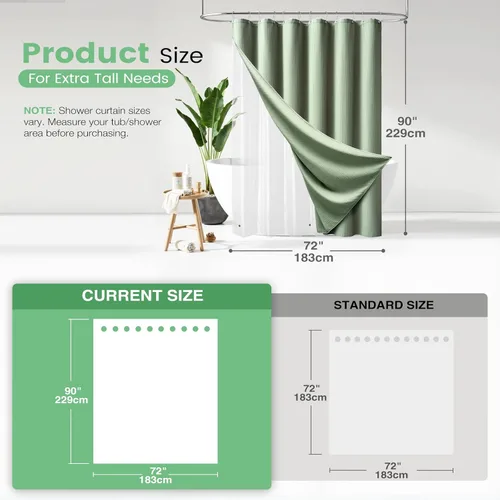 Vista 450 de Cortina de ducha de tela Dynamene verde oscuro - Cortinas de baño de tela de nido de abeja texturizadas resistentes, juego de cortinas de baño