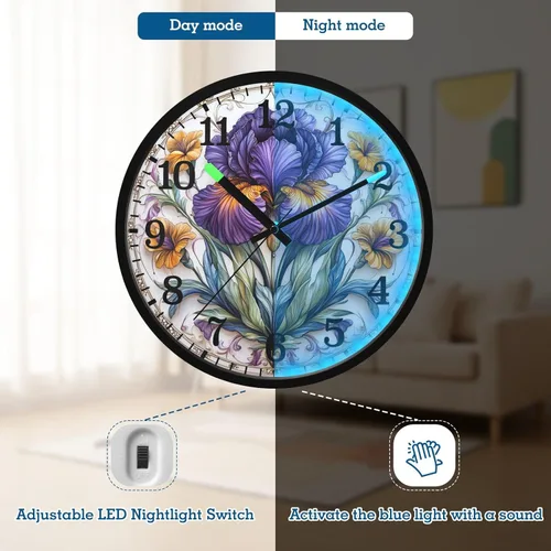 Vista 5 de Luminous Voice-Activated Clocks Non-Ticking Silent Battery Operated Small Analog Clock Retro Iris Flower Pattern 12 Inch Decorative for Kitchen