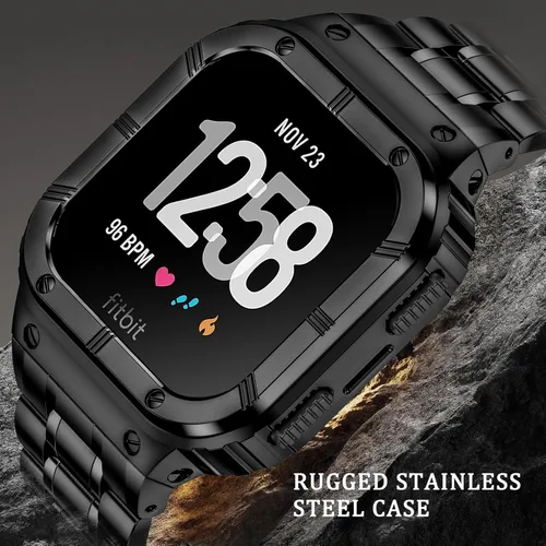 Vista 2 de BAITEYOU Correa de reloj de acero inoxidable con funda compatible con Fitbit Versa/Fitbit Sense Bands, pulseras de metal protectoras resistentes