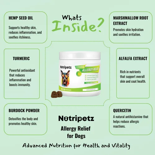 Vista 6 de Masticables para alergias para perros – Alivio de la alergia para perros, apoyo para picazón y lamer las patas, suplemento natural para la piel