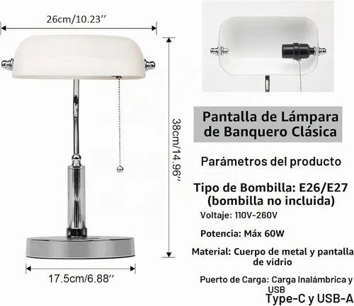 Vista 2 de FIRVRE Lámpara de Escritorio de Banquero, Lámpara de Mesa de Vidrio Blanco con Cargador Inalámbrico y Puerto de Carga 2USB, Lámpara con Interruptor